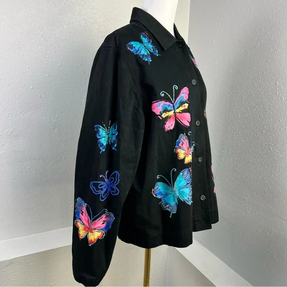 Easy Spirit 100% Cotton Black Button Up Breaded Butterfly Jacket Women’s Size L - Picture 6 of 14